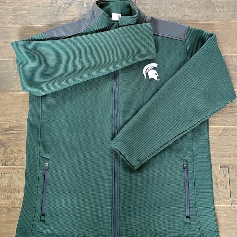 Michigan State Green & Gray Full-Zip Knit Jacket -  White Embroidered Logo  Sz L